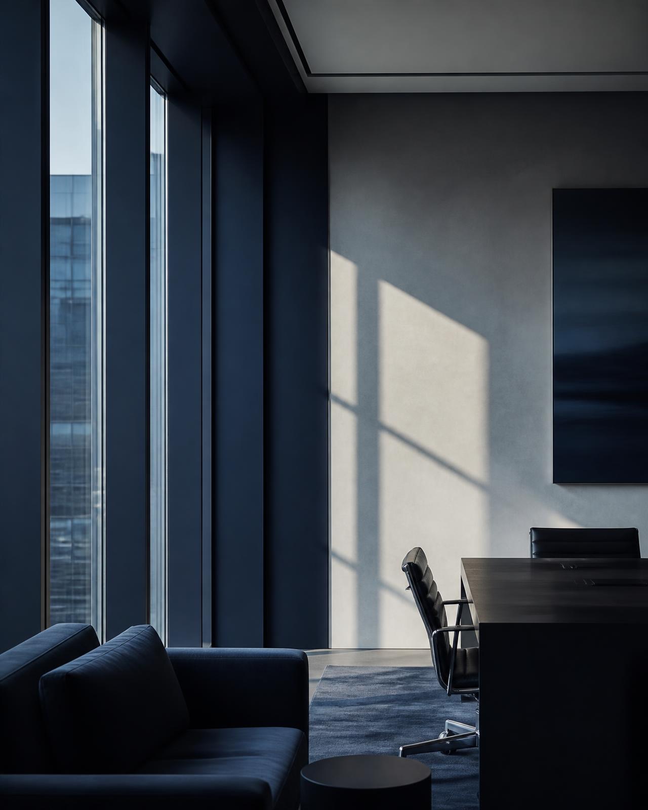 Ambiente sóbrio de escritório de advocacia com luz natural e tons de azul
